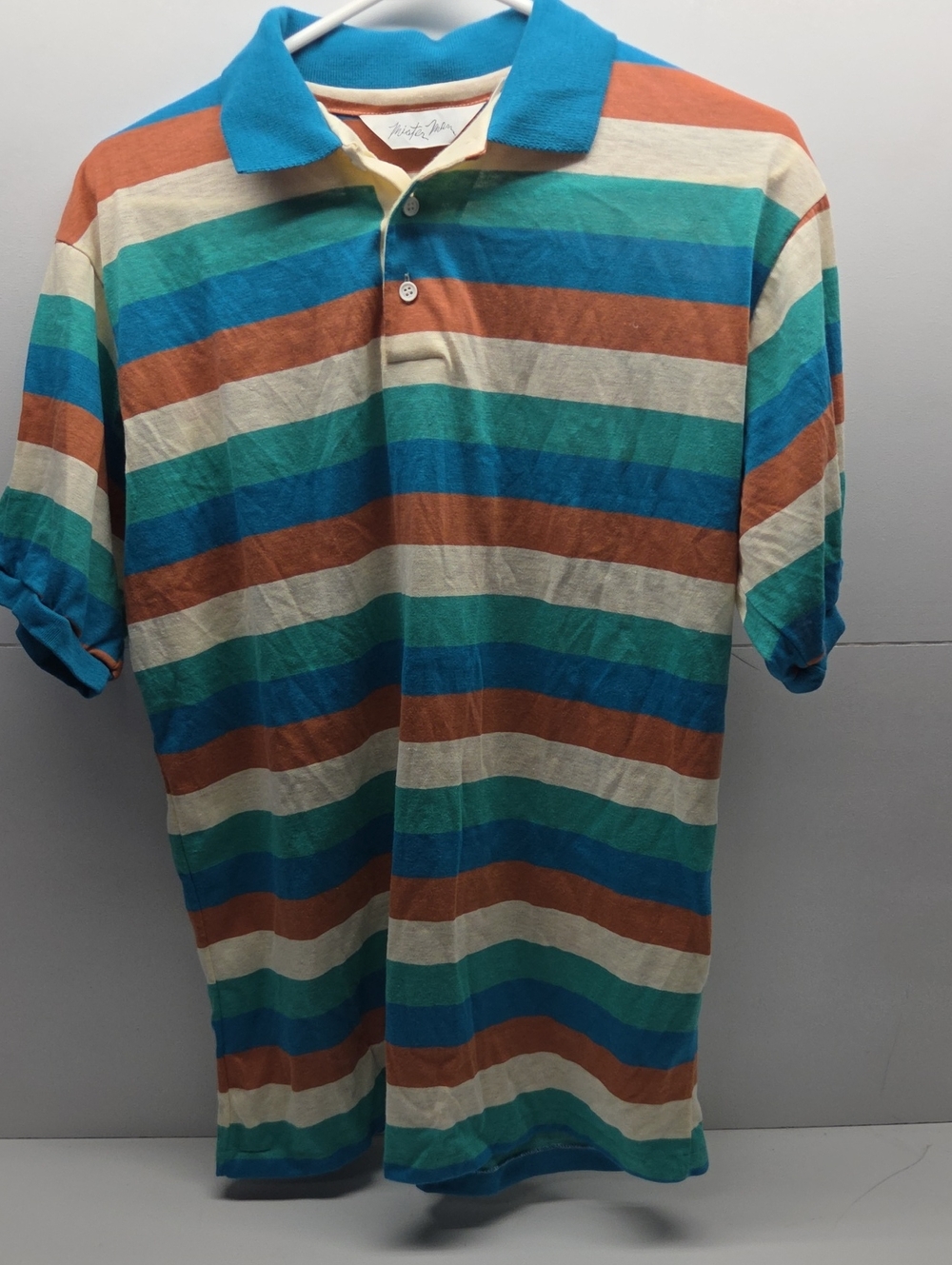 Men's Mister Man Vintage Striped Polo Shirt in Teal, Blue, Rust & Cream